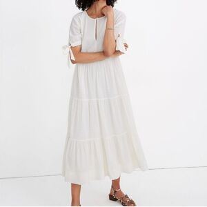Tie-Sleeve Tiered Midi Dress in Swiss Dot